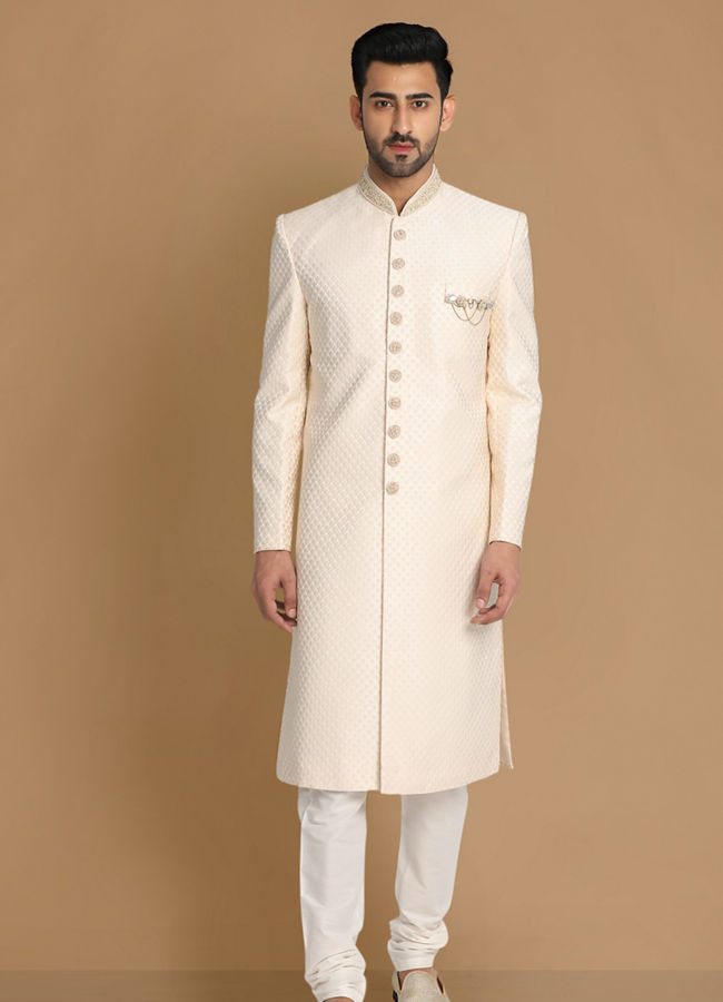 alt message - Manyavar Men Beige Brocade Sherwani Set image number 1